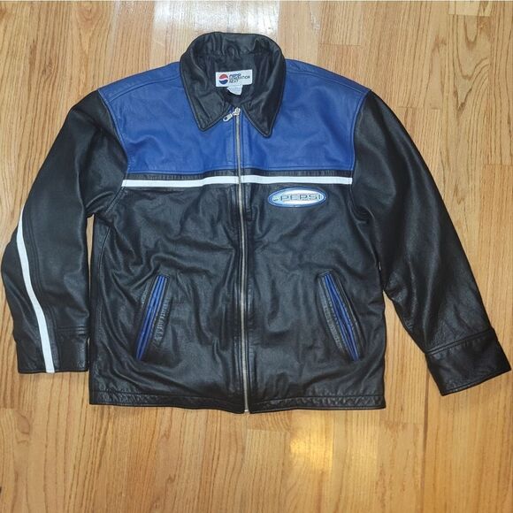 Vintage 90s y2k Pepsi Points Black Leather Bomber Jacket Car Moto Grunge Coat XL - Picture 1 of 9